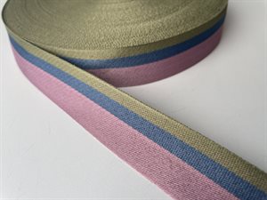 Satinvævet bånd - rosa med blå og armygrøn stribe
